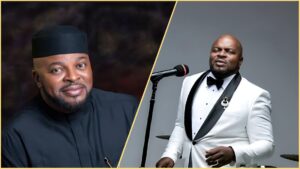 Side-by-side photos of Nigerian live-band leader Akiin Shuga, showing him in a black traditional outfit on the left and performing in a white tuxedo with a microphone on the right.