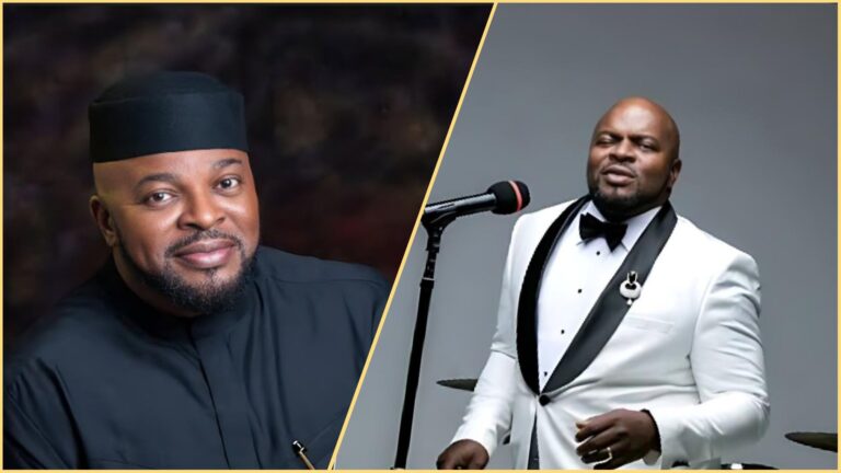 Side-by-side photos of Nigerian live-band leader Akiin Shuga, showing him in a black traditional outfit on the left and performing in a white tuxedo with a microphone on the right.