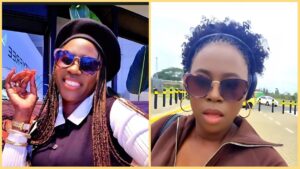 Side-by-side photos of Kenyan singer Akothee wearing sunglasses in two different outdoor settings. In the left image, she smiles in a black beret and braided hair; in the right, she appears serious with curly hair and a brown jacket.