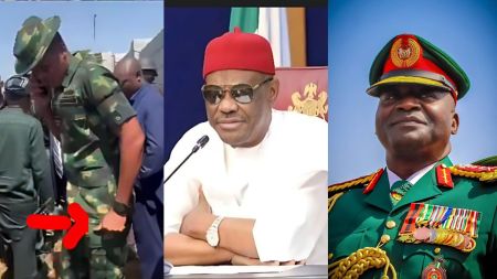 A photo collage showing Lieutenant A.M. Yerima speaking on the phone during his encounter with FCT Minister Nyesom Wike, alongside individual portraits of Wike and the Chief of Defence Staff, General Christopher Musa.