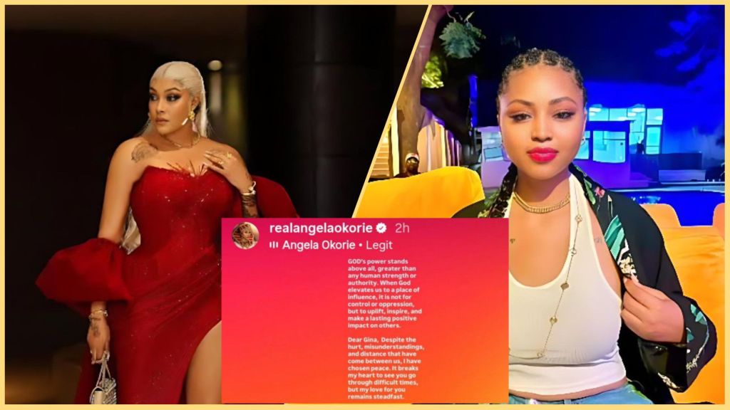 Side-by-side collage showing Angela Okorie in a red gown on the left, Regina Daniels seated outdoors at night on the right, with a screenshot of Angela’s Instagram peace message in the centre.