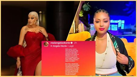 Side-by-side collage showing Angela Okorie in a red gown on the left, Regina Daniels seated outdoors at night on the right, with a screenshot of Angela’s Instagram peace message in the centre.