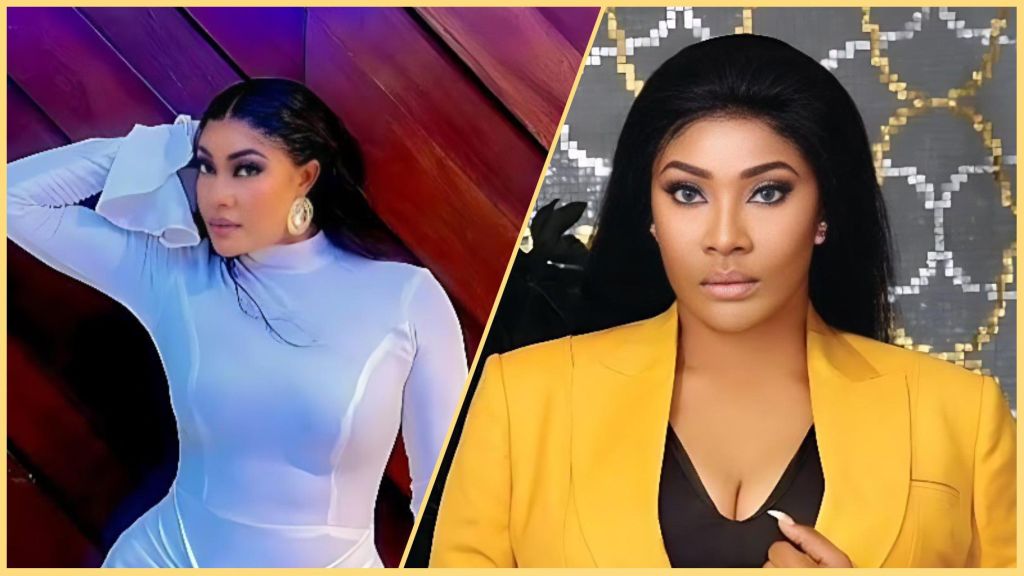 Side-by-side images of Nigerian actress Angela Okorie; the left shows her in a fitted white outfit posing against a wooden wall, while the right shows her in a yellow blazer over a black top, looking directly at the camera.