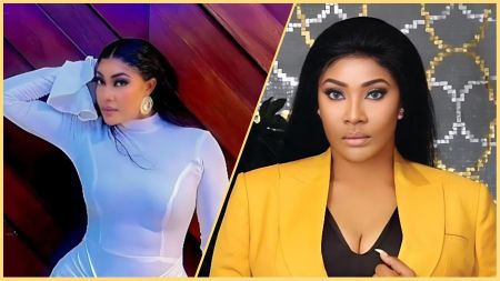 Side-by-side images of Nigerian actress Angela Okorie; the left shows her in a fitted white outfit posing against a wooden wall, while the right shows her in a yellow blazer over a black top, looking directly at the camera.