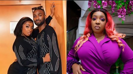 Anita Joseph poses closely with her husband MC Fish as they stand against a wooden door, both dressed in matching black outfits with silver patterns. Right: Anita Joseph stands alone in a purple outfit with red-tinted curls, posing in front of hanging purple flowers.