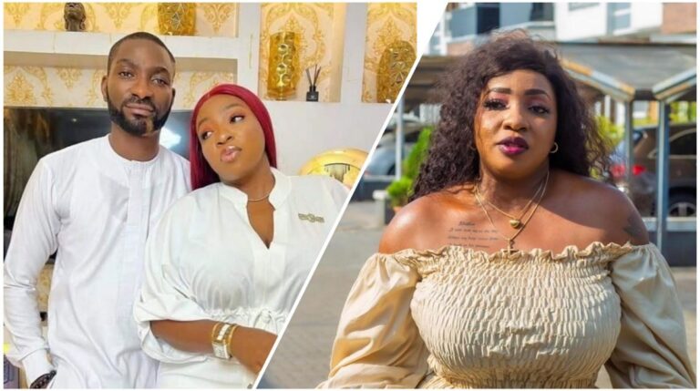 A side-by-side collage showing actress Anita Joseph and her husband MC Fish posing together in coordinated white outfits on the left, while Anita Joseph appears alone outdoors on the right wearing an off-shoulder beige top.