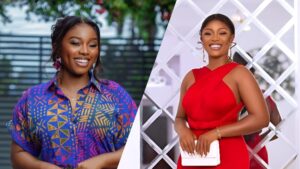 A side-by-side collage of media personality Ariyiike Dimples, smiling in two different outfits. On the left, she wears a colourful patterned shirt outdoors, and on the right, she poses indoors in a red dress holding a white clutch.