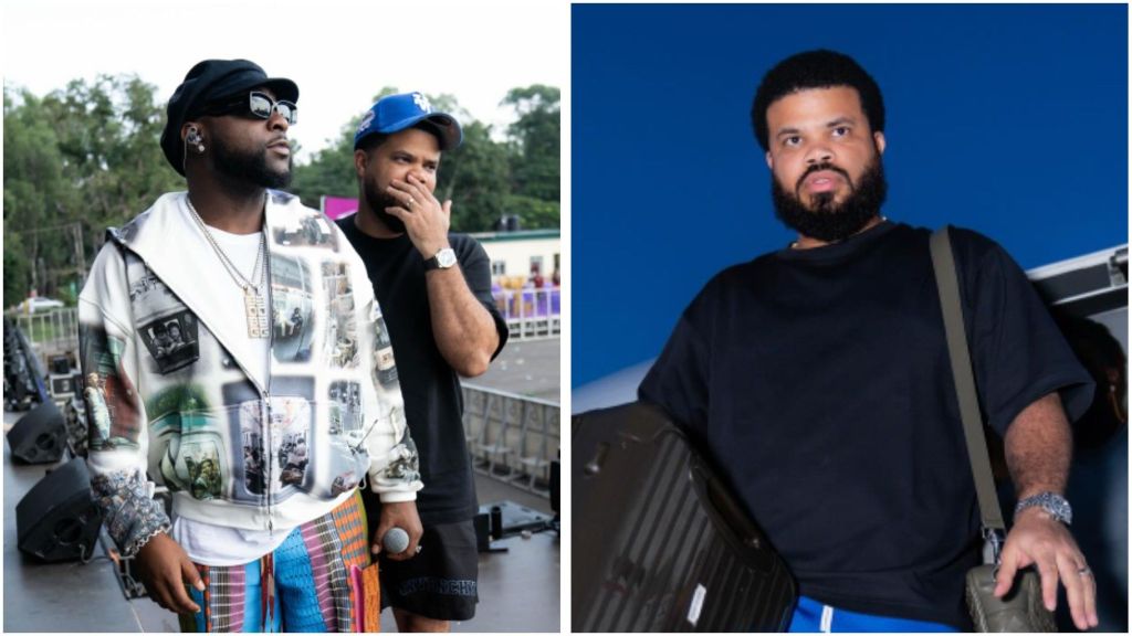 Davido stands on an outdoor stage wearing a printed hoodie, colourful patch trousers, dark shades and a black hat, while his manager Asa Asika, in a black T-shirt and blue cap, stands beside him during tour preparations. Alt text (right): Asa Asika steps off a private jet at night holding a suitcase and crossbody bag, dressed in a black T-shirt and blue shorts.