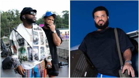 Davido stands on an outdoor stage wearing a printed hoodie, colourful patch trousers, dark shades and a black hat, while his manager Asa Asika, in a black T-shirt and blue cap, stands beside him during tour preparations. Alt text (right): Asa Asika steps off a private jet at night holding a suitcase and crossbody bag, dressed in a black T-shirt and blue shorts.