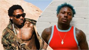 Side-by-side photos of Nigerian singer Asake. On the left, he is outdoors wearing dark sunglasses, a camo jacket, and showing his chest tattoos. On the right, he has blue hair and wears a red sleeveless top while posing against a white brick wall.