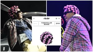 A collage showing A$AP Rocky on stage wearing pink hair rollers under a netted beanie during a live performance, placed beside a product screenshot from the AWGE website displaying the $100 foam roller beanie.