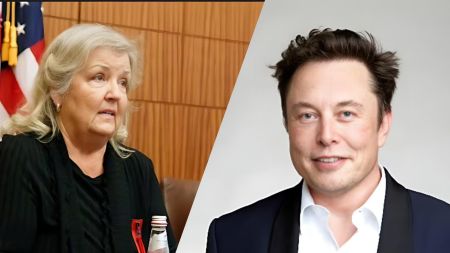 A split image showing an older woman with light grey hair on the left, seated indoors near a US flag, and Elon Musk on the right, smiling in a suit against a light grey background.