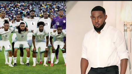 Side-by-side image showing the Nigerian Super Eagles football squad posing together on a pitch, and a portrait of a well-dressed man in a white shirt (comedian AY) standing indoors.