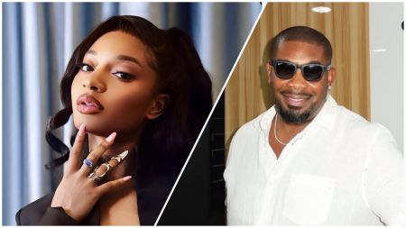 Ayra Starr poses with her hand near her face, wearing rings and soft glam makeup, while Don Jazzy smiles in a white shirt and dark sunglasses