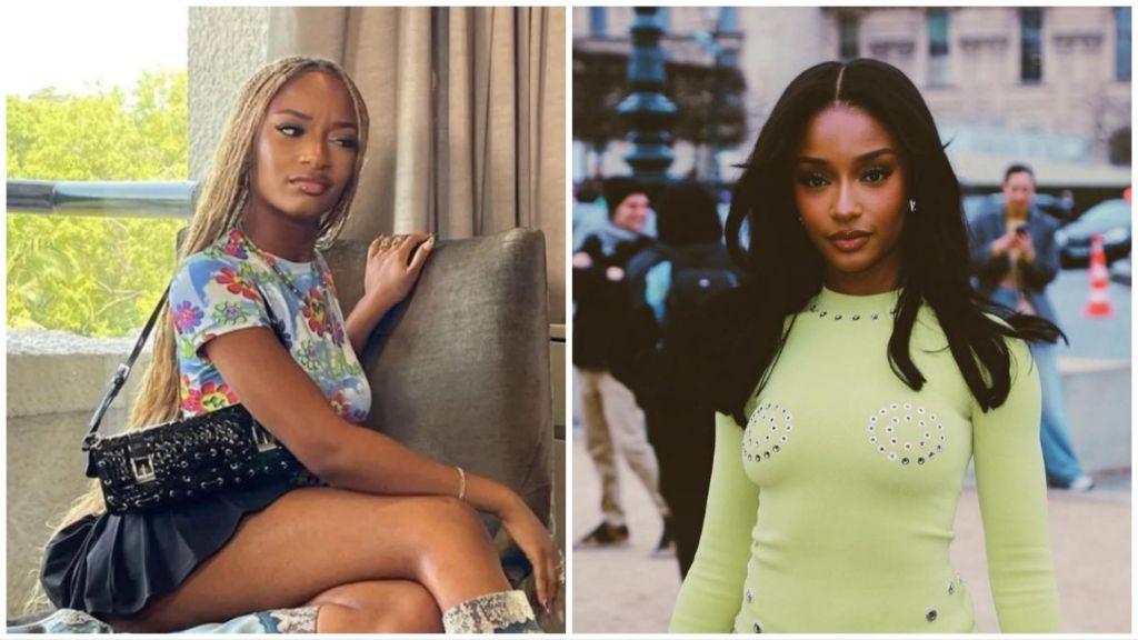 A side-by-side collage of Ayra Starr. The left image shows her sitting indoors wearing a floral top, mini skirt, and carrying a black studded handbag, with long braided hair. The right image shows her outdoors wearing a fitted light-green dress embellished with circular metal designs, with long black hair styled straight.