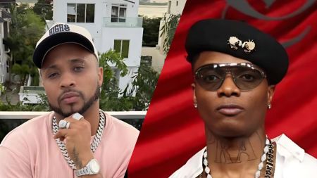Split image showing Nigerian singer B-Red on the left wearing a light pink shirt, cap, and silver jewellery, and Wizkid on the right dressed in a black beret, sunglasses, and white shirt against a red background