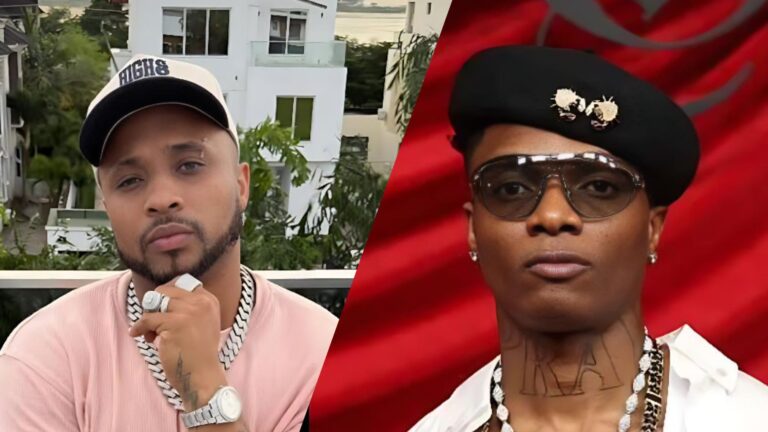 Split image showing Nigerian singer B-Red on the left wearing a light pink shirt, cap, and silver jewellery, and Wizkid on the right dressed in a black beret, sunglasses, and white shirt against a red background
