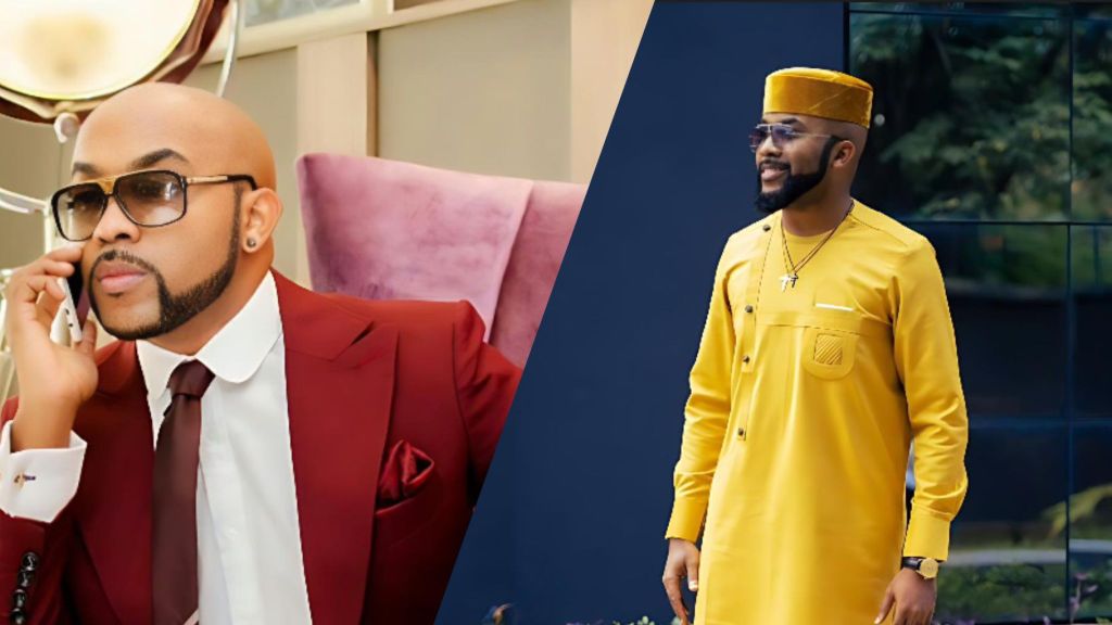 Side-by-side photos of Banky W; one shows him in a red suit speaking on the phone, and the other shows him in a yellow traditional outfit while smiling outdoors.