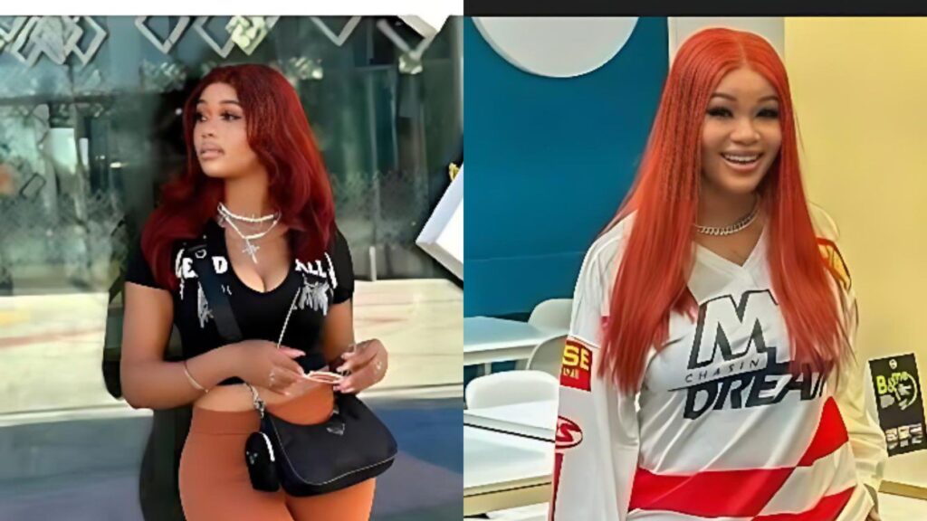 Two photos of influencer Barbiecue placed side by side. In the left image, she is standing outdoors wearing a black cropped top, brown trousers, layered necklaces, and holding a small black bag while looking to the side. In the right image, she is indoors smiling, wearing a long straight red wig and a white-and-red sports-style jersey.
