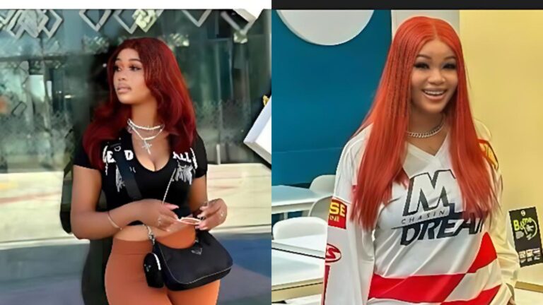 Two photos of influencer Barbiecue placed side by side. In the left image, she is standing outdoors wearing a black cropped top, brown trousers, layered necklaces, and holding a small black bag while looking to the side. In the right image, she is indoors smiling, wearing a long straight red wig and a white-and-red sports-style jersey.