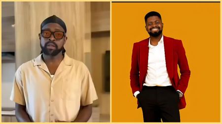 Side-by-side photos of Nigerian comedian Basketmouth — one showing him in a beige shirt and dark glasses, and another in a red blazer and white shirt against an orange background.