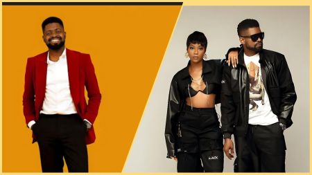 Side-by-side photo collage of comedian Basketmouth. The left side shows him smiling in a red blazer with a white shirt and black trousers, while the right side shows him in an all-black outfit wearing sunglasses, standing beside a stylishly dressed woman in a cropped black top and cargo pants.