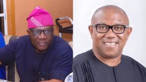 Side-by-side photos of Bayo Onanuga wearing a pink cap and glasses, and Peter Obi smiling in a black outfit.