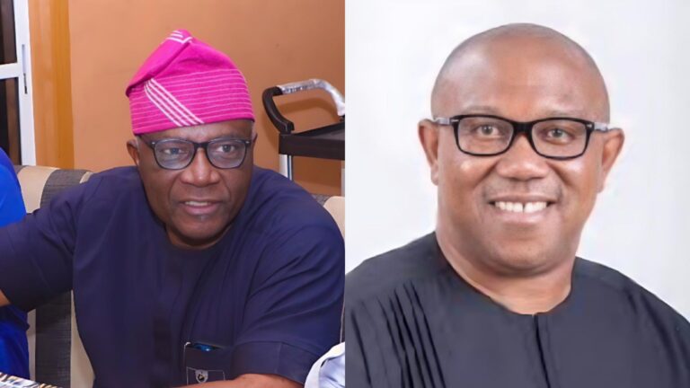 Side-by-side photos of Bayo Onanuga wearing a pink cap and glasses, and Peter Obi smiling in a black outfit.