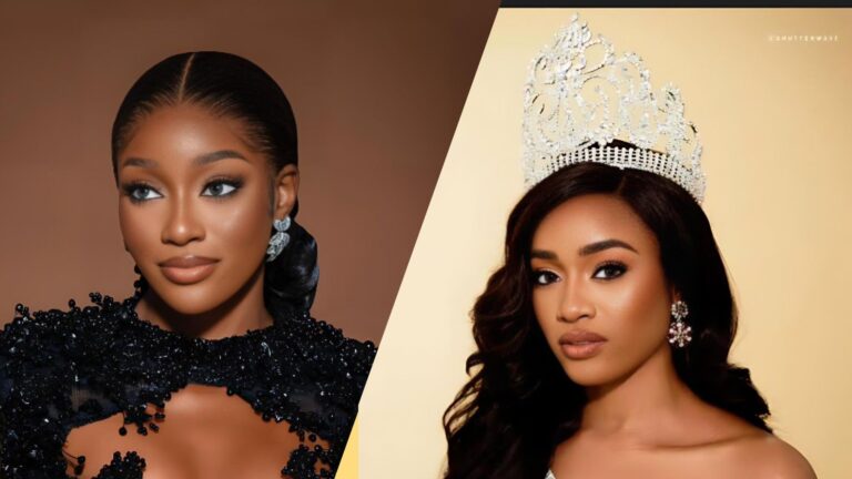 Side-by-side portraits of BBNaija star Beauty Tukura, showing her in elegant makeup looks — one wearing a black embellished outfit and the other wearing a white crown and gown.