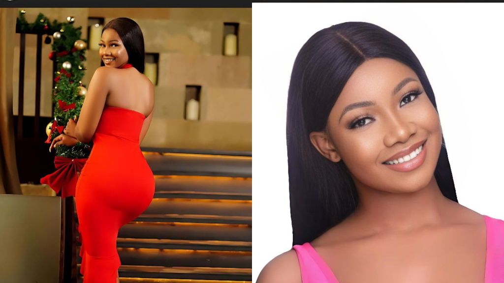 Side-by-side photos of BBNaija star Tacha — one showing her smiling in a bright red backless dress beside Christmas decorations, and the other a close-up portrait of her in a pink outfit, smiling against a white background.