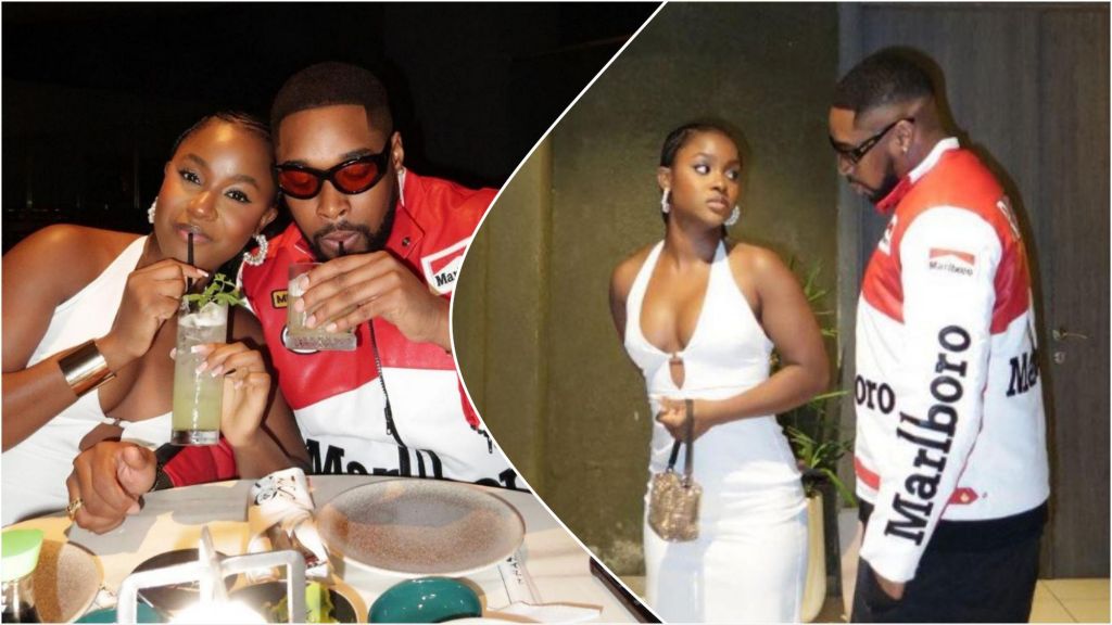 Collage of two photos showing BBNaija couple Bella and Sheggz on a date night. In the left photo, they sit closely at a dinner table sipping drinks with straws, while in the right photo, they stand facing each other, with Bella in a white dress and Sheggz in a red-and-white jacket.