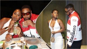 Collage of two photos showing BBNaija couple Bella and Sheggz on a date night. In the left photo, they sit closely at a dinner table sipping drinks with straws, while in the right photo, they stand facing each other, with Bella in a white dress and Sheggz in a red-and-white jacket.