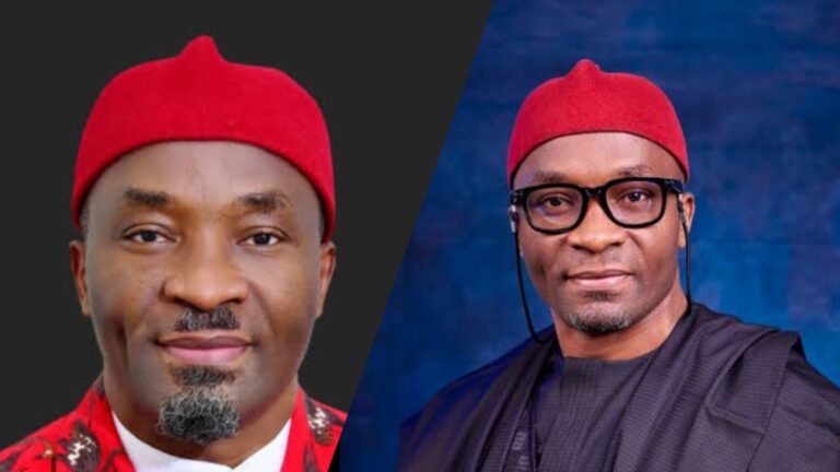 Side-by-side portraits of Nigerian Deputy Speaker Benjamin Okezie Kalu wearing a red traditional cap in both images; the left shows him in patterned attire, while the right shows him in dark clothing and glasses against a blue background.
