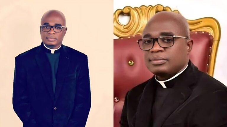 Side-by-side photos of a man wearing clerical clothing and glasses; the first shows him standing in a dark suit with a clerical collar, and the second shows him seated on a red and gold chair, also dressed in clerical attire.