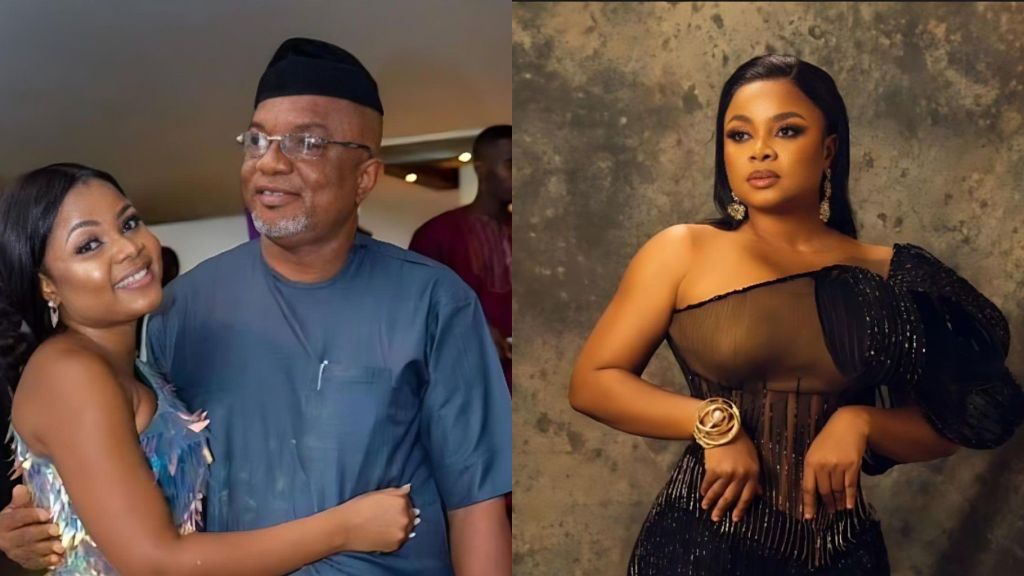 A side-by-side collage showing actress Bimbo Ademoye posing with her father in a warm, smiling embrace on the left, and Bimbo Ademoye posing in a black, elegant, one-shoulder outfit against a textured backdrop on the right.