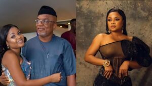 A side-by-side collage showing actress Bimbo Ademoye posing with her father in a warm, smiling embrace on the left, and Bimbo Ademoye posing in a black, elegant, one-shoulder outfit against a textured backdrop on the right.