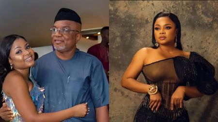 A side-by-side collage showing actress Bimbo Ademoye posing with her father in a warm, smiling embrace on the left, and Bimbo Ademoye posing in a black, elegant, one-shoulder outfit against a textured backdrop on the right.