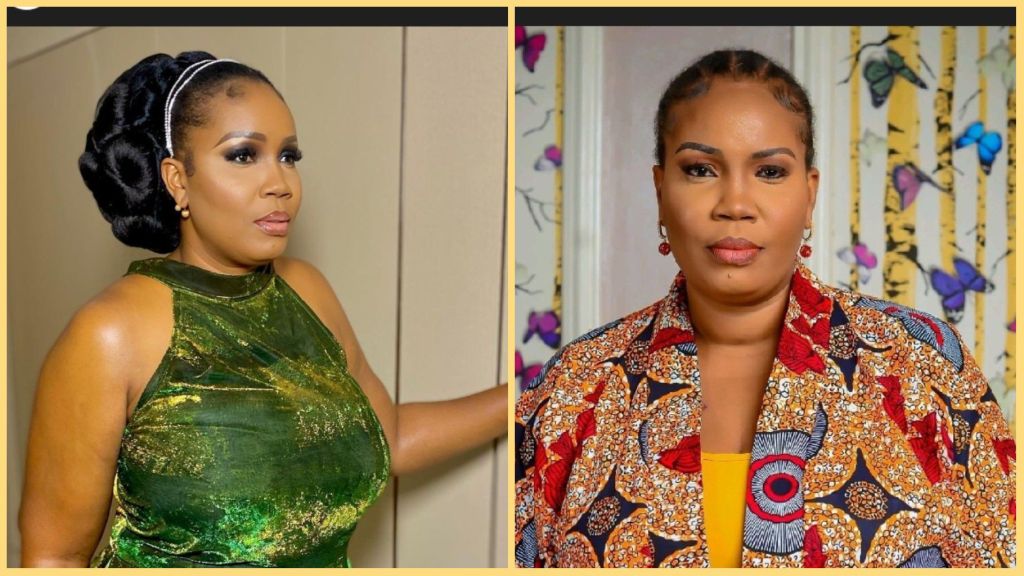 Side-by-side photos of Nigerian filmmaker Biodun Stephen — left image shows her in a green velvet sleeveless dress with styled up-do hair, right image shows her in a patterned blazer with cornrow braids, posing indoors.