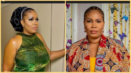 Side-by-side photos of Nigerian filmmaker Biodun Stephen — left image shows her in a green velvet sleeveless dress with styled up-do hair, right image shows her in a patterned blazer with cornrow braids, posing indoors.