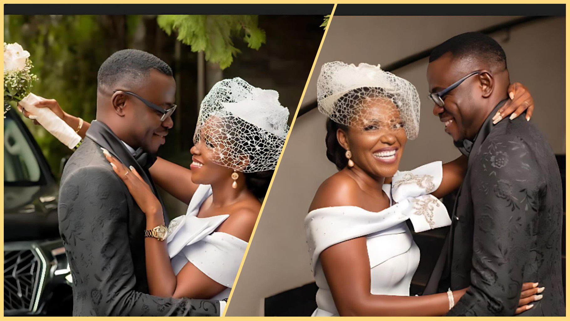 Nollywood actress Biola Adebayo smiles and embraces her husband in two side-by-side wedding photos, wearing a white bridal dress and fascinator while he wears a dark patterned suit.