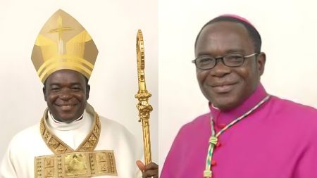 Side-by-side photos of Bishop Matthew Hassan Kukah. The left image shows him wearing a gold mitre and holding a ceremonial staff, dressed in white and gold liturgical vestments. The right image shows him smiling in a pink bishop’s cassock with glasses and a light background.