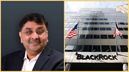 Side-by-side image showing Indian-origin executive Bankim Brahmbhatt on the left and the exterior of BlackRock’s US headquarters with American flags on the right.
