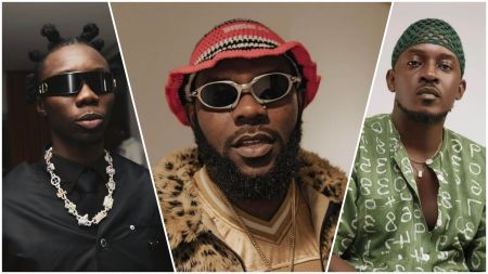Side-by-side collage of Nigerian rappers Blaqbonez, Odumodublvck, and MI Abaga wearing stylish outfits and sunglasses.