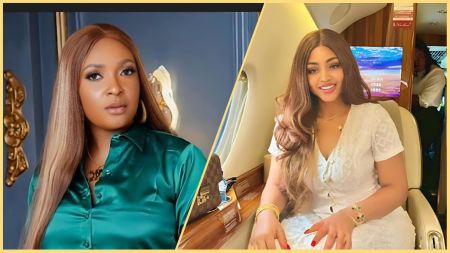 Side-by-side photo collage showing Nigerian relationship therapist Blessing CEO on the left in a green silk shirt, and actress Regina Daniels on the right sitting inside a private jet wearing a white dress and smiling.