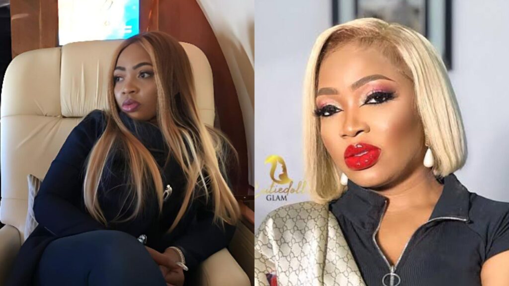 A side-by-side collage showing Nigerian restaurateur Blessing Osom. The left image shows her seated in an aircraft seat, looking to the side with long highlighted hair. The right image shows her wearing a blonde bob wig, bold red lipstick, and makeup in a studio-style portrait.