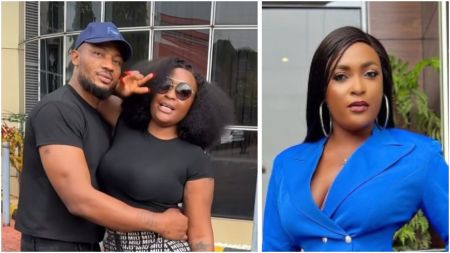 Side-by-side collage showing Blessing CEO posing with her husband IVD on the left, and a solo portrait of Blessing CEO in a blue blazer on the right.