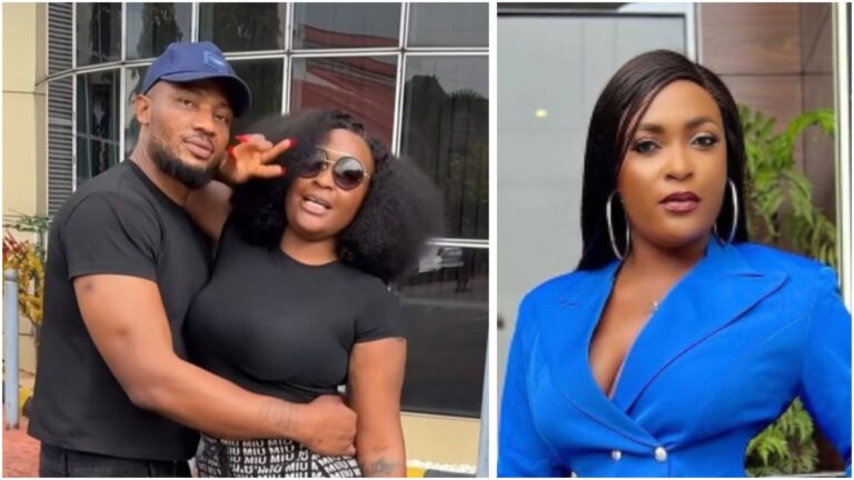 Side-by-side collage showing Blessing CEO posing with her husband IVD on the left, and a solo portrait of Blessing CEO in a blue blazer on the right.