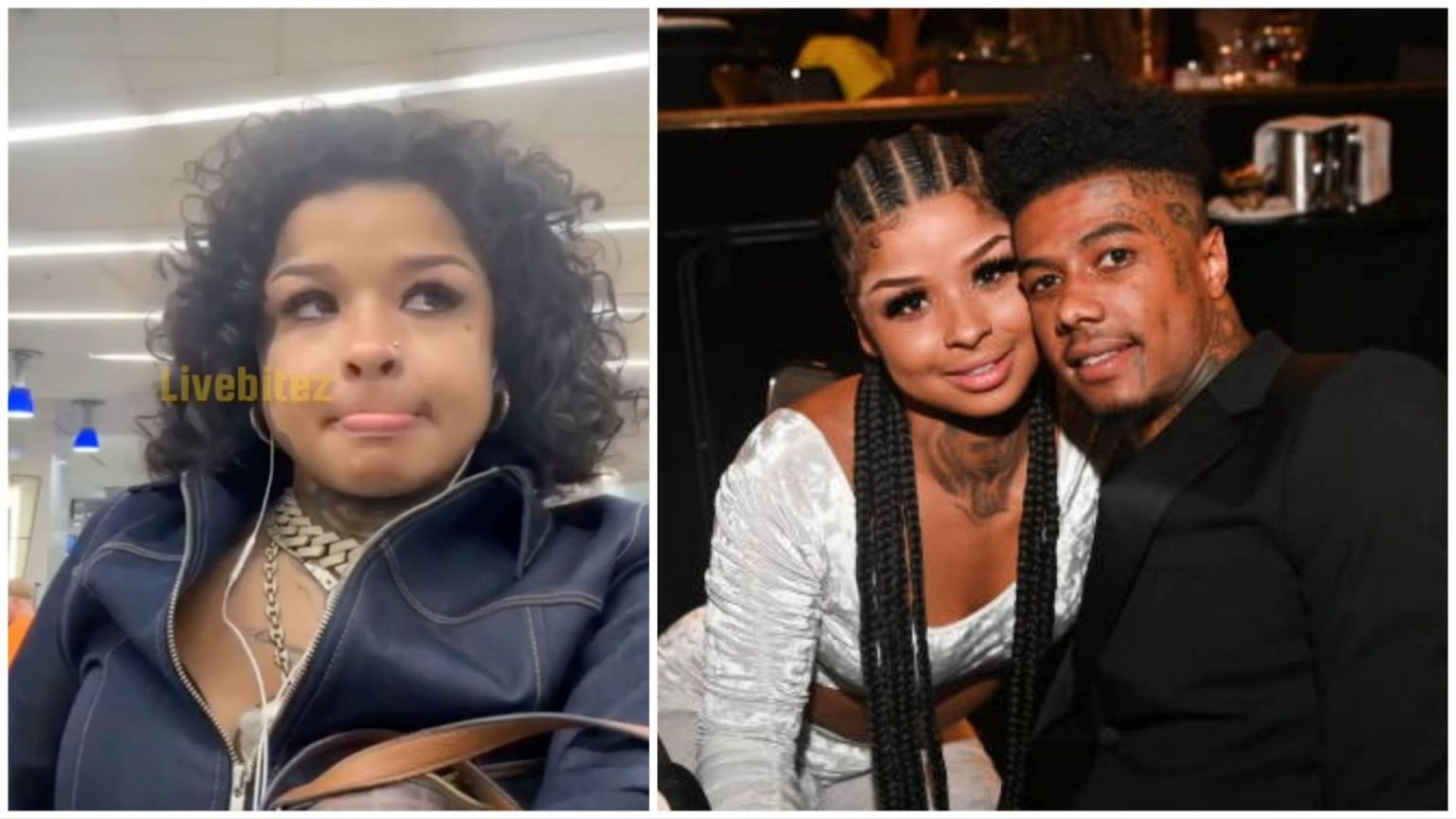 A side-by-side collage featuring Chrisean Rock. On the left, she is sitting indoors with earphones in and looking to the side. On the right, she is dressed in a white outfit and posing closely with Blueface at an event.