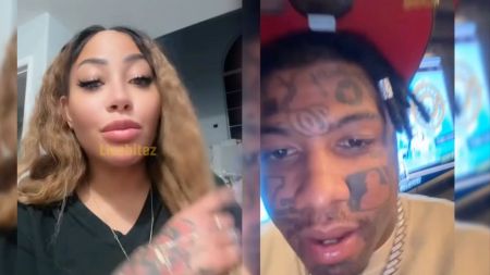 A side-by-side collage showing Hazel E speaking in a selfie video on the left and rapper Blueface speaking in a separate selfie video on the right. Both appear indoors, and each clip looks like it was taken from social media.