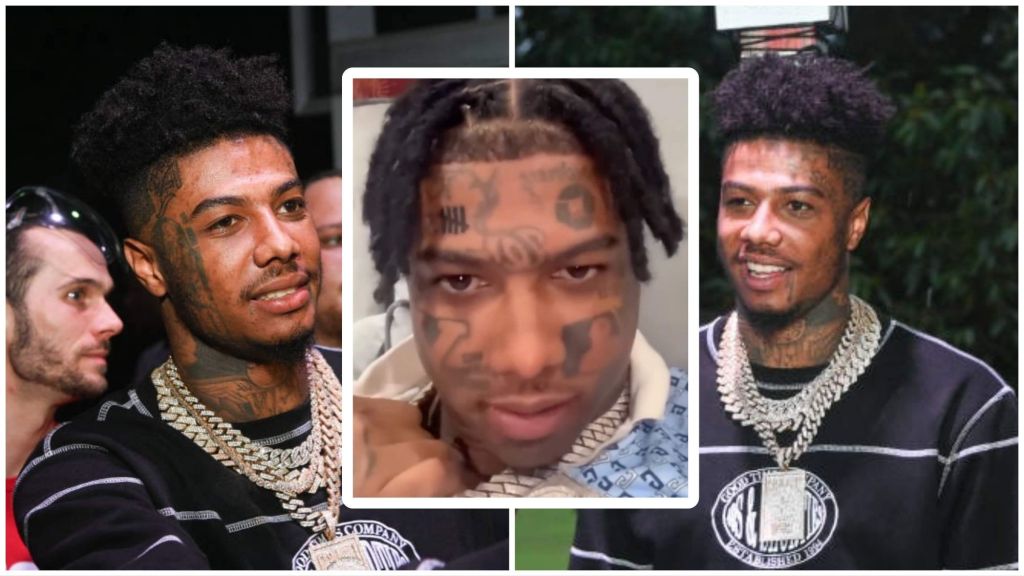 A collage showing rapper Blueface before and after his prison release, highlighting his new face tattoos featuring multiple brand logos.